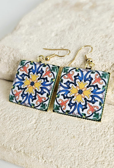 Antique 18th Century Majolica Tile Earring Square Portugal Azulejo Drop Earring Silver Blue Earring Traditional Coimbra Tile Earring Gift