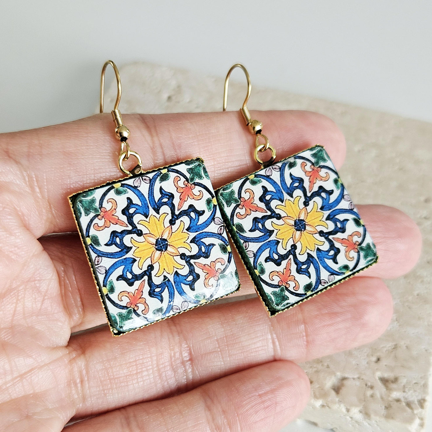 Antique 18th Century Majolica Tile Earring Square Portugal Azulejo Drop Earring Silver Blue Earring Traditional Coimbra Tile Earring Gift