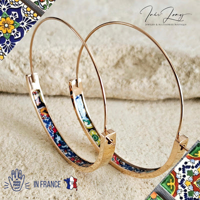 Mixed Mexican Colorful Tile GOLD HOOP Earring Lightweight Steel Azulejo Hoop Spanish Jewelry Gift Flat Hoop Earring Women Latino Mom Gift