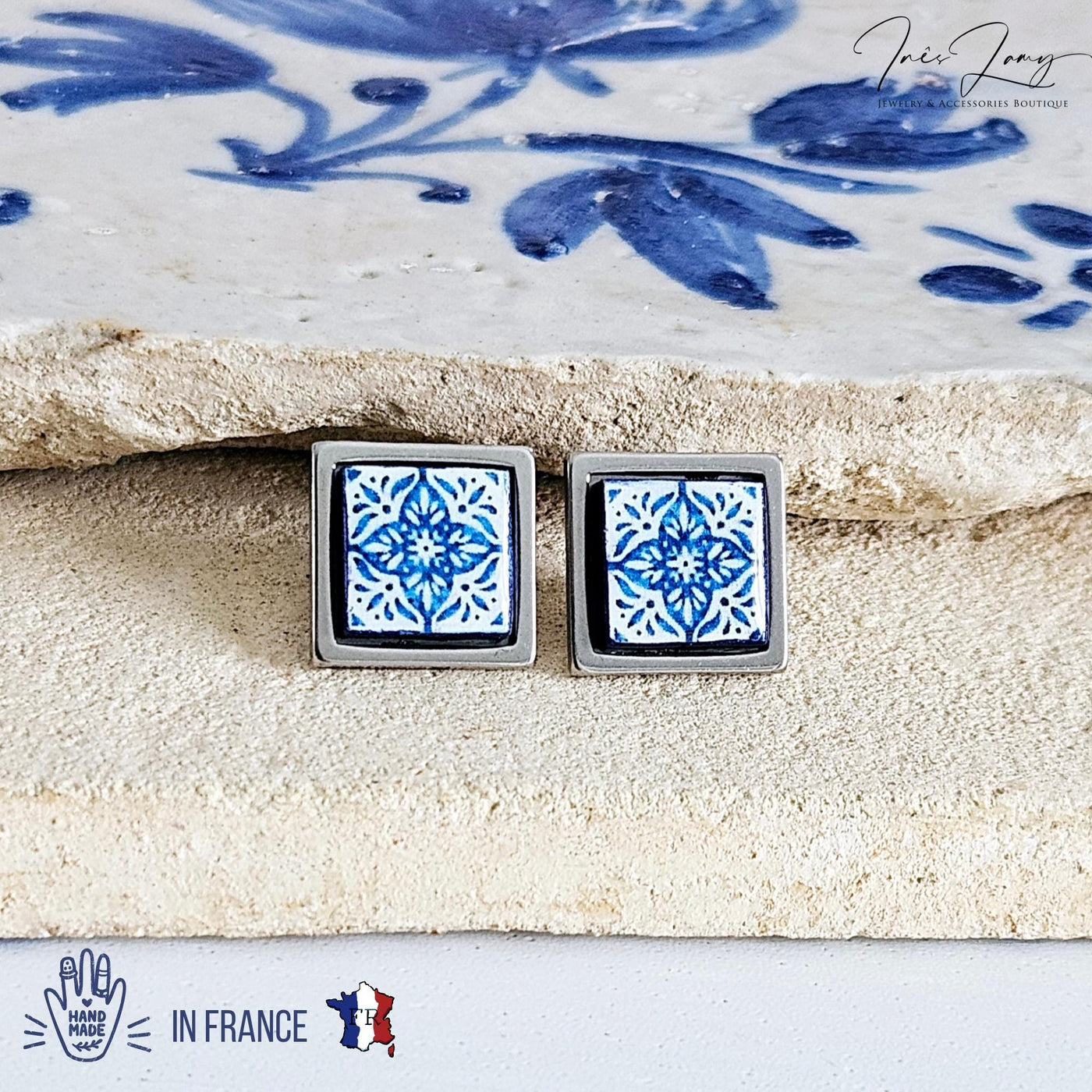 Small Antique Tile Silver STEEL Post Earring Portuguese Tile Square Blue White Geometric Gift Azulejo Jewelry Handmade Travel Gift Souvenir