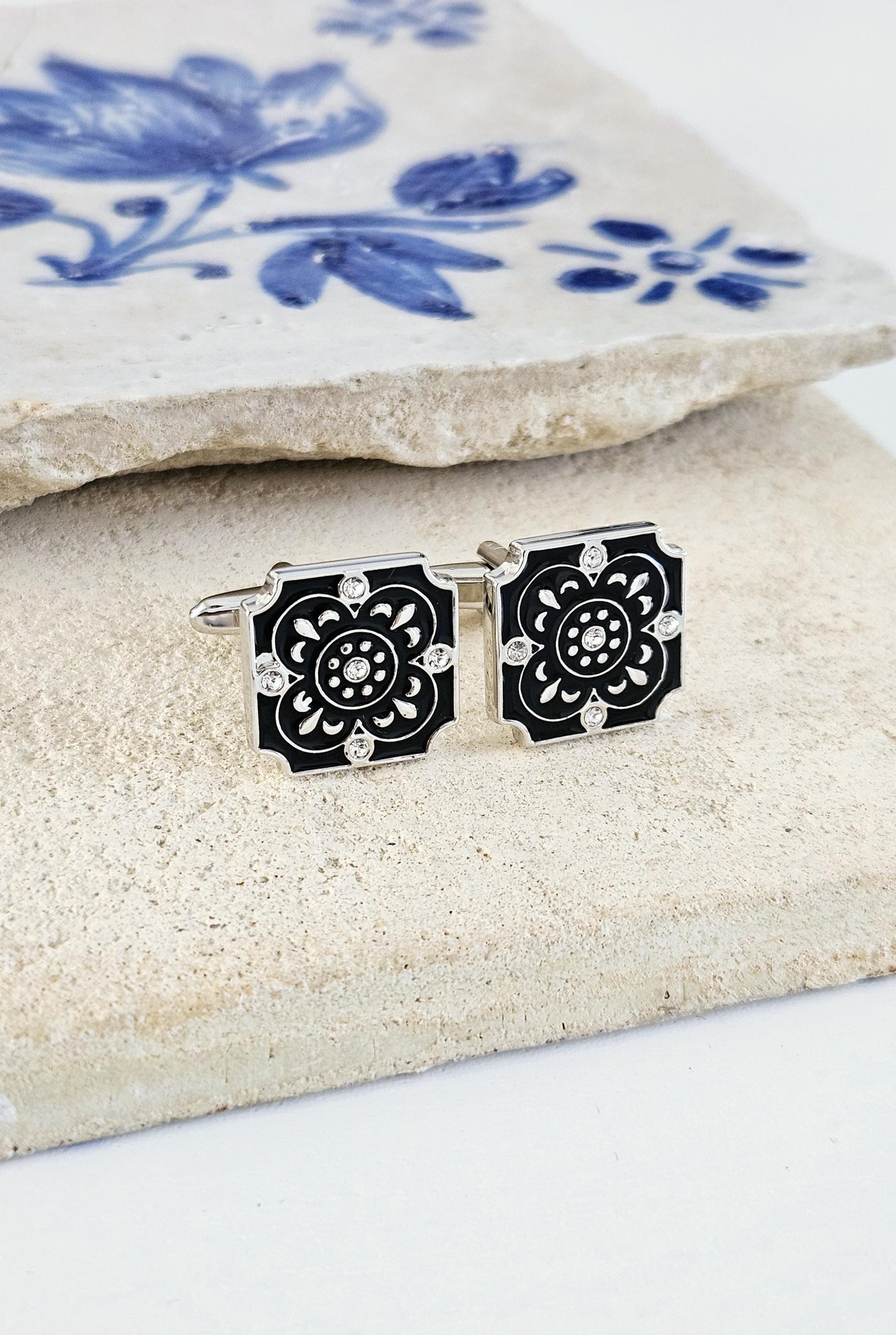 Portugal Tile Black Enamel Cufflink Azulejo Majolica Black White Steel Luxury Cufflink Portuguese Groom Wedding Corporate Suit Cufflink Gift