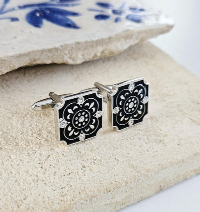 Portugal Tile Black Enamel Cufflink Azulejo Majolica Black White Steel Luxury Cufflink Portuguese Groom Wedding Corporate Suit Cufflink Gift