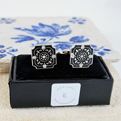 Portugal Tile Black Enamel Cufflink Azulejo Majolica Black White Steel Luxury Cufflink Portuguese Groom Wedding Corporate Suit Cufflink Gift