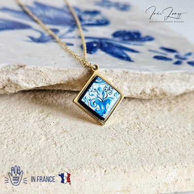 GOLD Aveiro Tile Charm Necklace Portuguese Blue White Tile Azulejo Gold Pendant Steel Square Necklace Tile Portugal Gift Handmade Souvenir