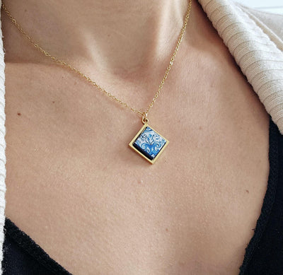 GOLD Aveiro Tile Charm Necklace Portuguese Blue White Tile Azulejo Gold Pendant Steel Square Necklace Tile Portugal Gift Handmade Souvenir