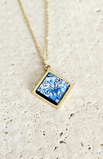 GOLD Aveiro Tile Charm Necklace Portuguese Blue White Tile Azulejo Gold Pendant Steel Square Necklace Tile Portugal Gift Handmade Souvenir