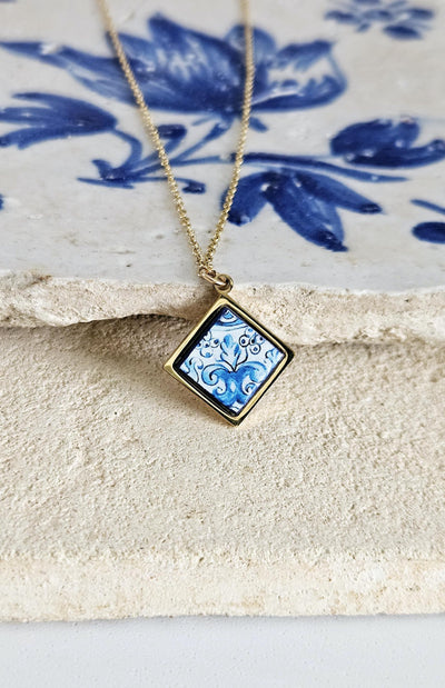 GOLD Aveiro Tile Charm Necklace Portuguese Blue White Tile Azulejo Gold Pendant Steel Square Necklace Tile Portugal Gift Handmade Souvenir