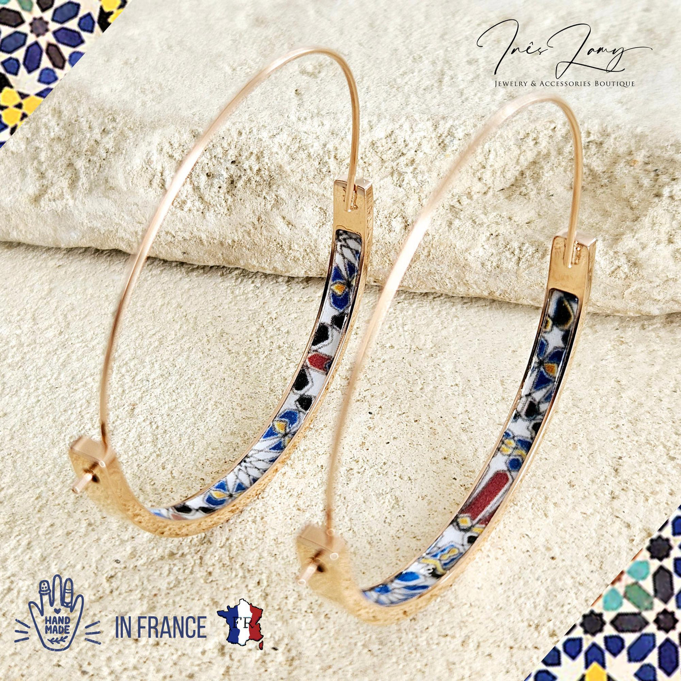 Moroccan Arab Tile GOLD HOOP Earring Lightweight Steel Iznik Azulejo Hoop Historical Jewelry Flat Hoop Earring Mom Gift Women Jewelry