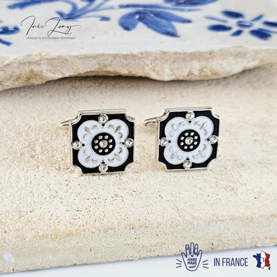 Portugal Tile White Enamel Cufflink Azulejo Majolica Black White Steel Luxury Cufflink Portuguese Groom Wedding Corporate Suit Cufflink Gift