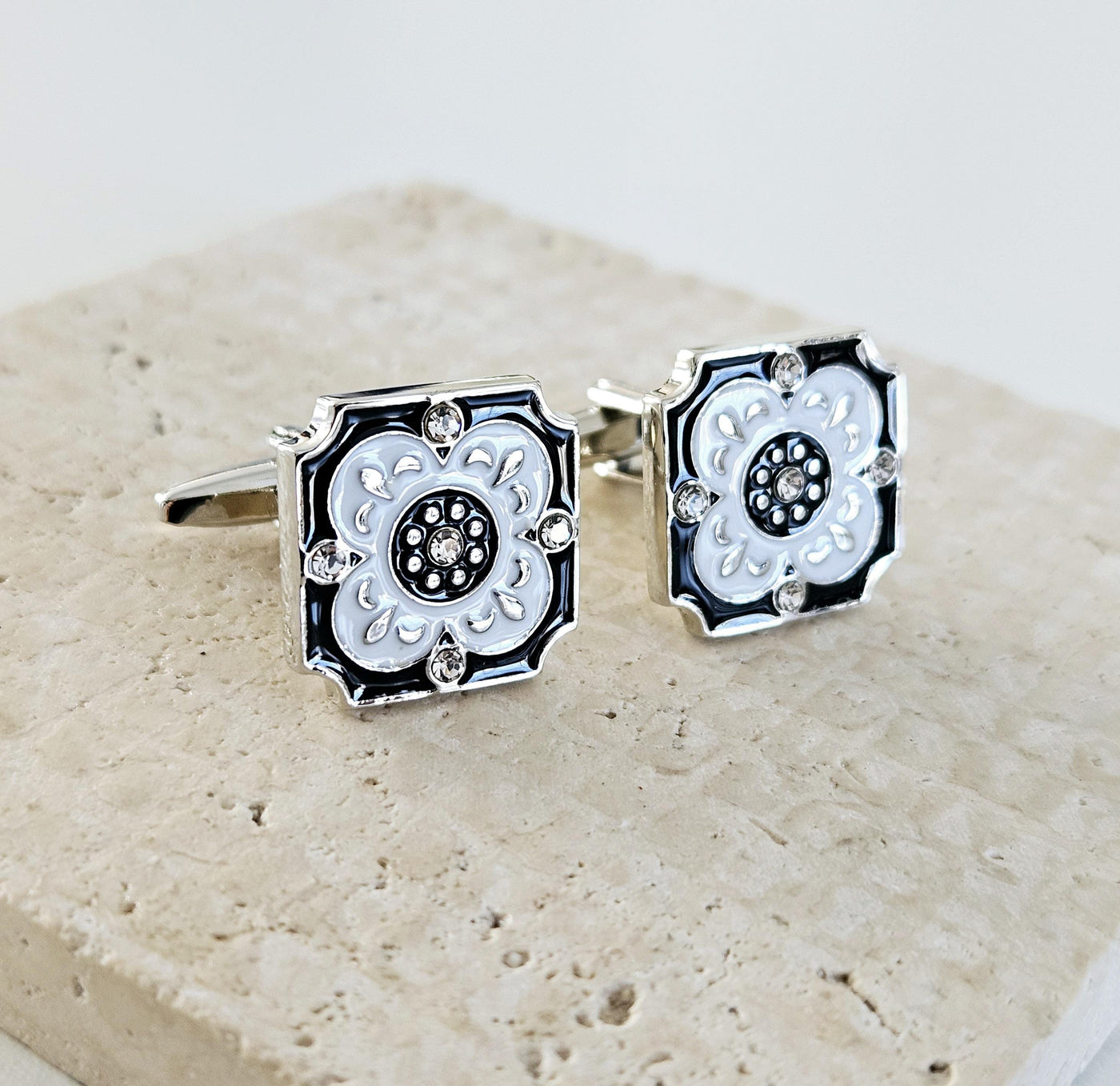 Portugal Tile White Enamel Cufflink Azulejo Majolica Black White Steel Luxury Cufflink Portuguese Groom Wedding Corporate Suit Cufflink Gift