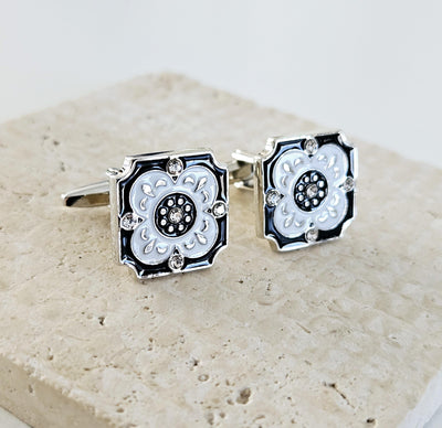 Portugal Tile White Enamel Cufflink Azulejo Majolica Black White Steel Luxury Cufflink Portuguese Groom Wedding Corporate Suit Cufflink Gift