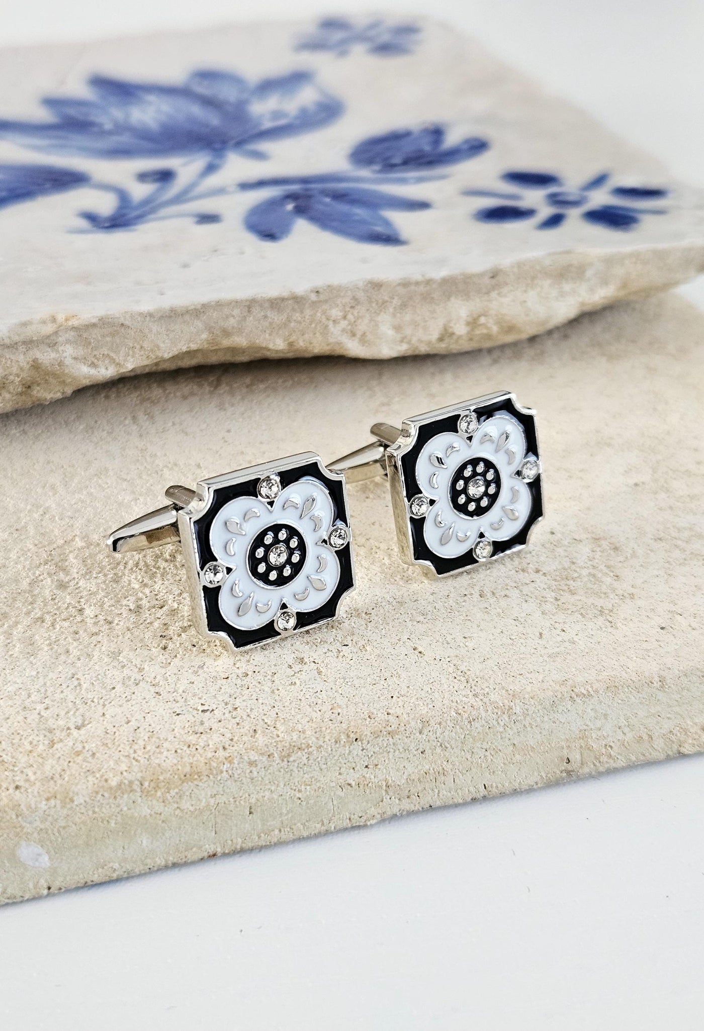 Portugal Tile White Enamel Cufflink Azulejo Majolica Black White Steel Luxury Cufflink Portuguese Groom Wedding Corporate Suit Cufflink Gift