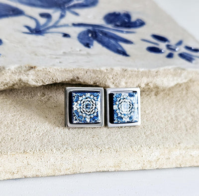 Small Antique Tile Silver STEEL Post Earring Portuguese Tile Square Blue White Geometric Gift Azulejo Jewelry Handmade Travel Gift Souvenir