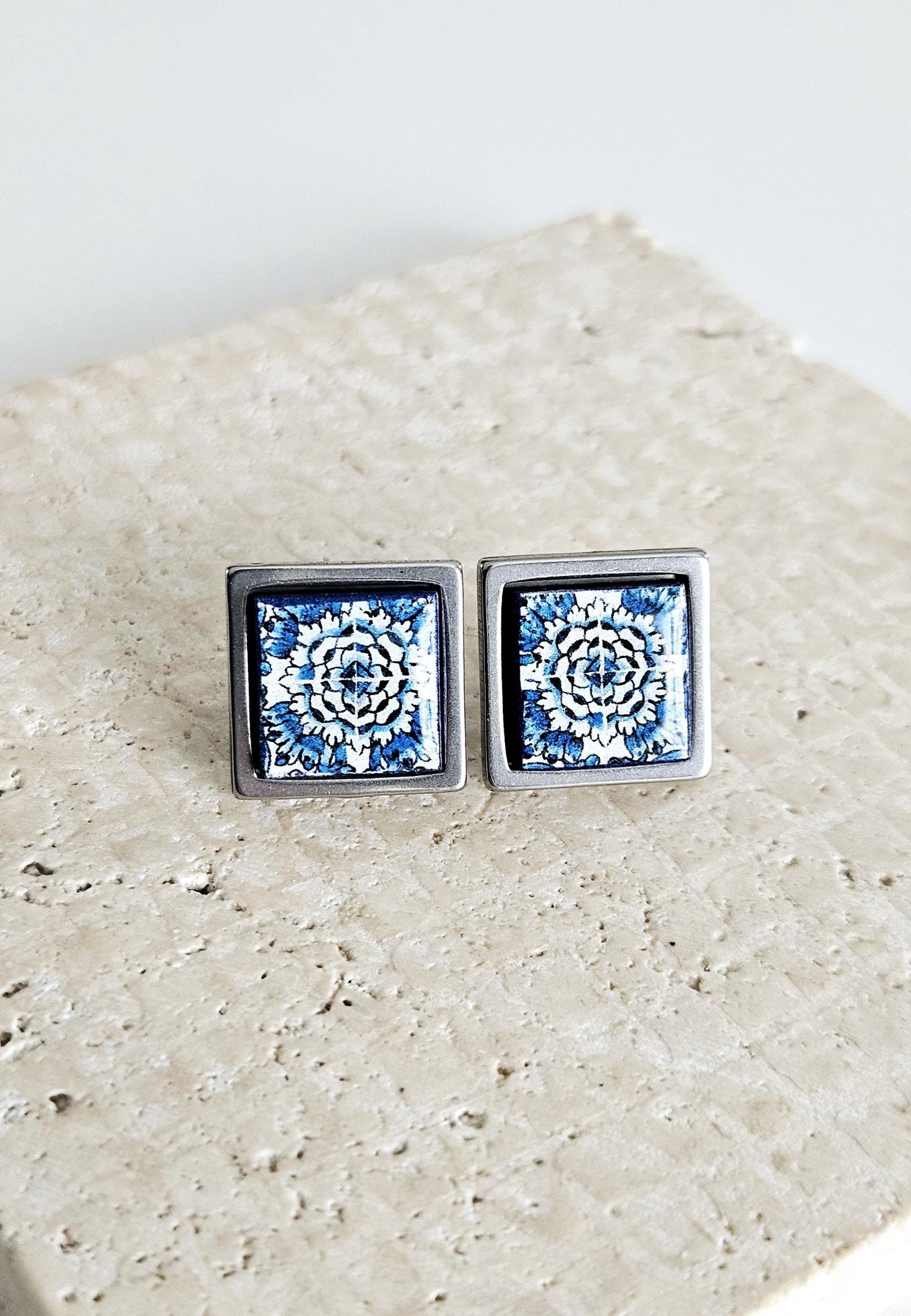 Small Antique Tile Silver STEEL Post Earring Portuguese Tile Square Blue White Geometric Gift Azulejo Jewelry Handmade Travel Gift Souvenir