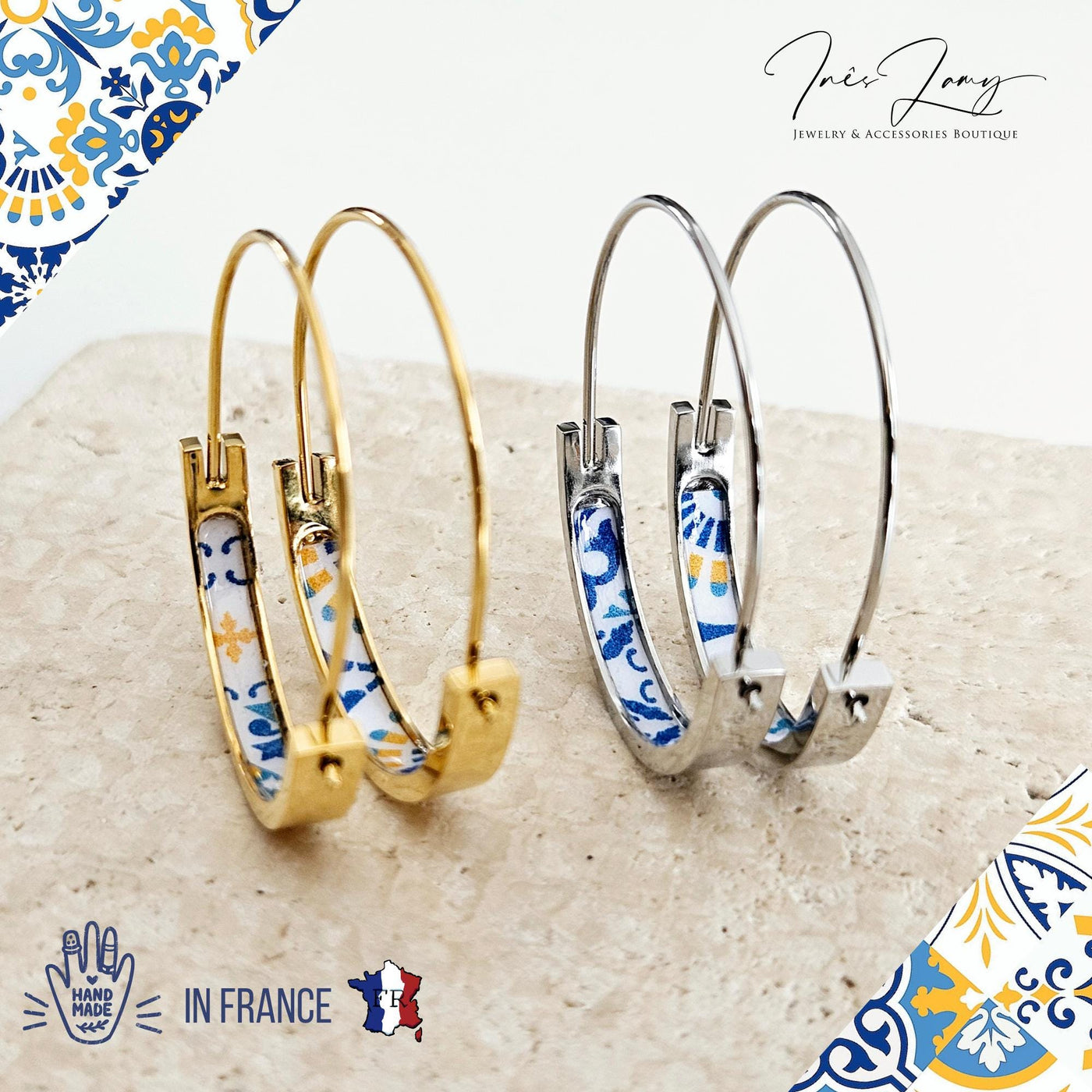 Portugal Tile 1.2'' GOLD HOOP Earring Lightweight STEEL Azulejo Silver Flat Hoops Historical Jewelry Christmas Gift Travel Handmade Gift