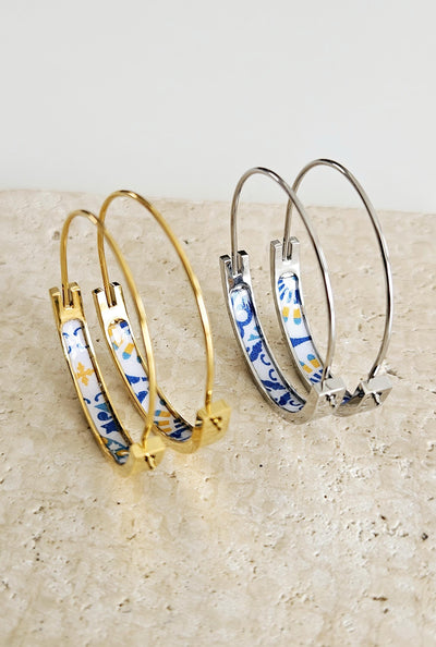 Portugal Tile 1.2'' GOLD HOOP Earring Lightweight STEEL Azulejo Silver Flat Hoops Historical Jewelry Christmas Gift Travel Handmade Gift