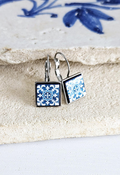 Majolica Azulejo Earring Tile Stainless STEEL Drop Square Geometric Earring Gift Blue Tile Earring Silver Gold Mediterranean Travel Gift