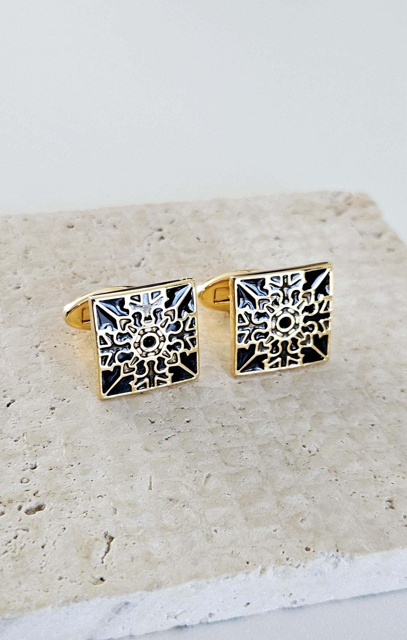 GOLD & BLACK Portugal Tile Enamel Cufflinks Azulejo Majolica Steel Luxury Cufflink Portuguese Groom Wedding Gift Corporate Costume Cufflinks