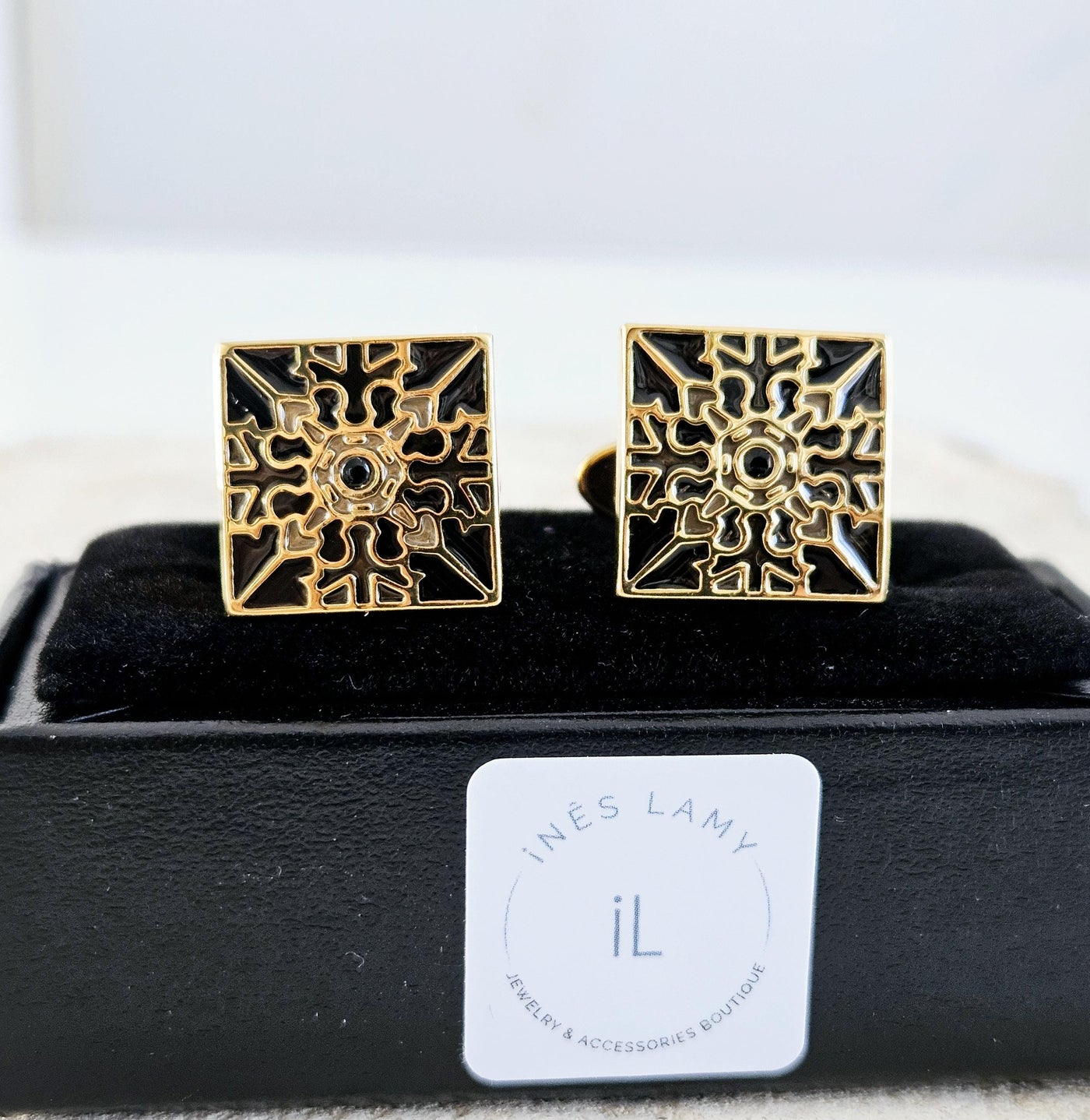 GOLD & BLACK Portugal Tile Enamel Cufflinks Azulejo Majolica Steel Luxury Cufflink Portuguese Groom Wedding Gift Corporate Costume Cufflinks