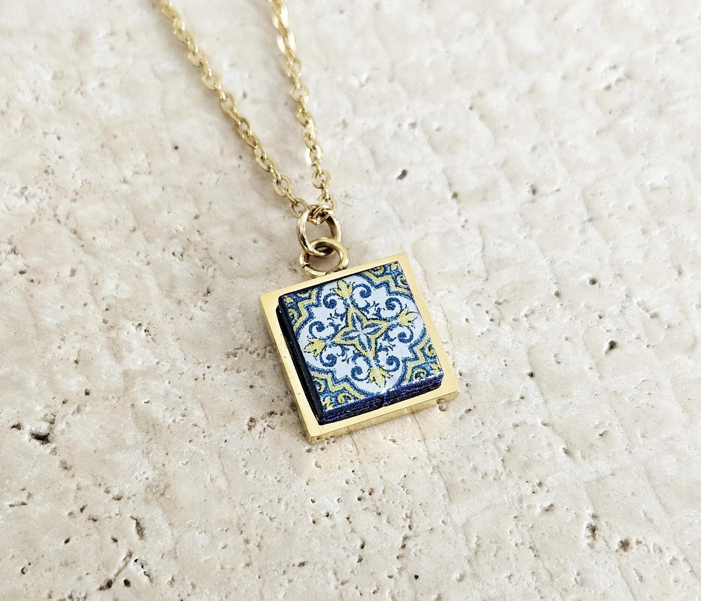 GOLD Blue Tile Charm Necklace Portuguese Blue White Tile Azulejo Pendant Steel Square Necklace Tile Portugal Azores Gift Handmade Souvenir