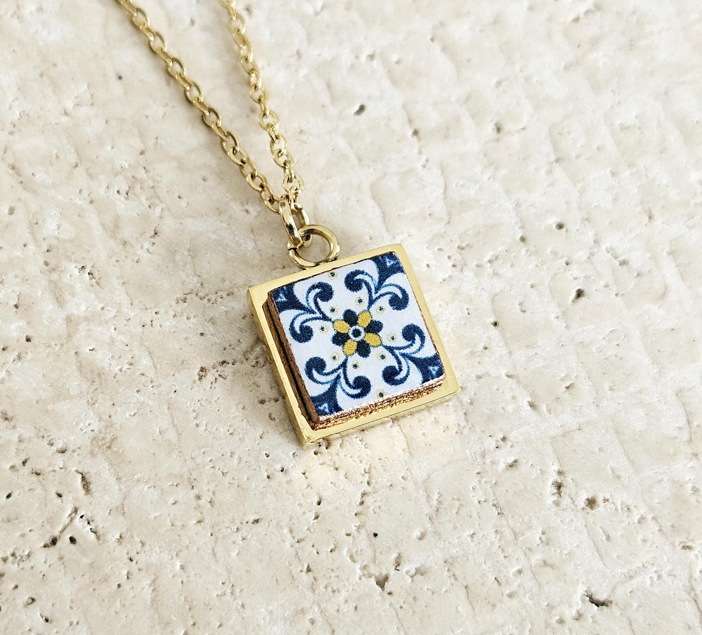 GOLD Blue Tile Charm Necklace Portuguese Blue White Tile Azulejo Pendant Steel Square Necklace Tile Portugal Azores Gift Handmade Souvenir