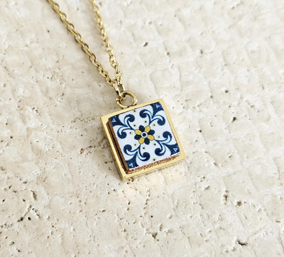 GOLD Blue Tile Charm Necklace Portuguese Blue White Tile Azulejo Pendant Steel Square Necklace Tile Portugal Azores Gift Handmade Souvenir