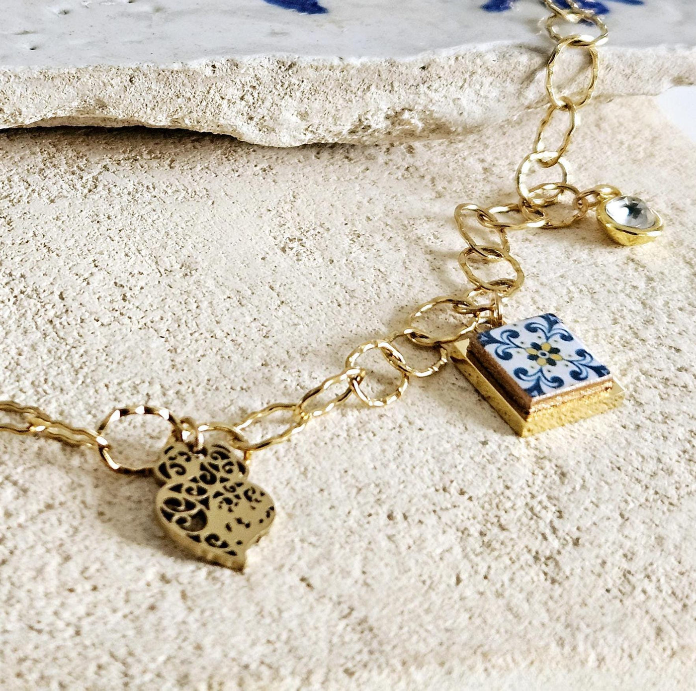 CHARM Tile Gold Paperclip Necklace Portuguese Heart Charm Stainless Steel Delicate Charm Necklace Gold Jewelry Fish Sardine Blue Stone Charm