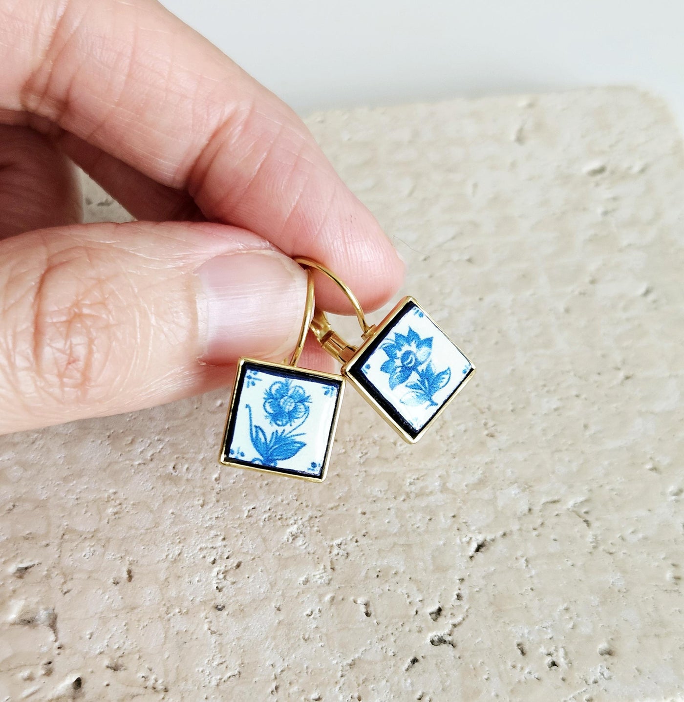 Mismatched Delft Flower Tile Earring Stainless STEEL Drop Square Geometric Gift Blue Azulejo Earring Silver Gold Mediterranean Travel Gift