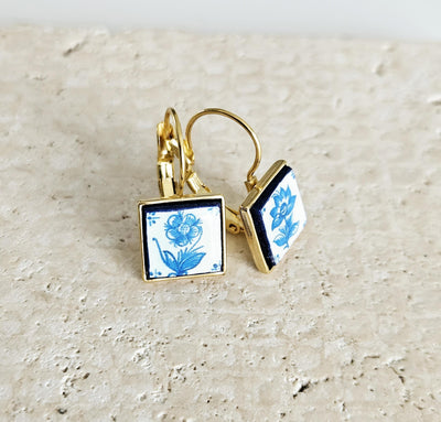 Mismatched Delft Flower Tile Earring Stainless STEEL Drop Square Geometric Gift Blue Azulejo Earring Silver Gold Mediterranean Travel Gift