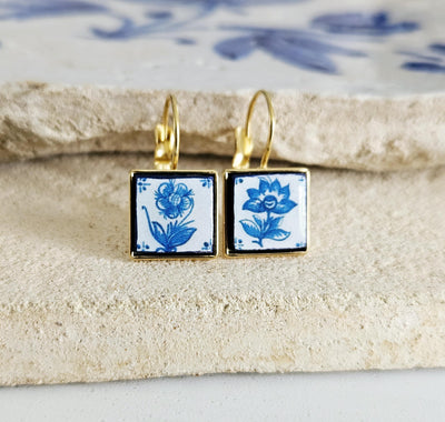 Mismatched Delft Flower Tile Earring Stainless STEEL Drop Square Geometric Gift Blue Azulejo Earring Silver Gold Mediterranean Travel Gift