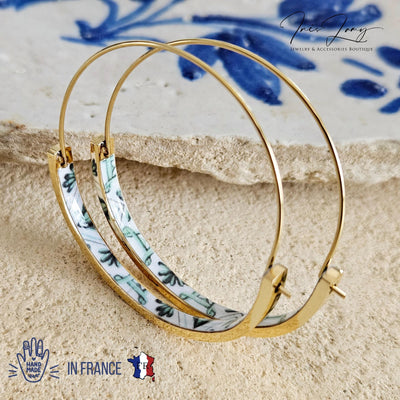 Green GOLD HOOP Tile Earring Portugal Lightweight STEEL Azulejo Rose Gold Hoop Historical Jewelry Women Portuguese Tile Earring Summer Gift