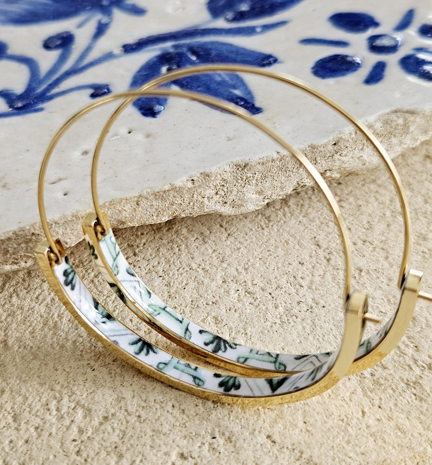 Green GOLD HOOP Tile Earring Portugal Lightweight STEEL Azulejo Rose Gold Hoop Historical Jewelry Women Portuguese Tile Earring Summer Gift