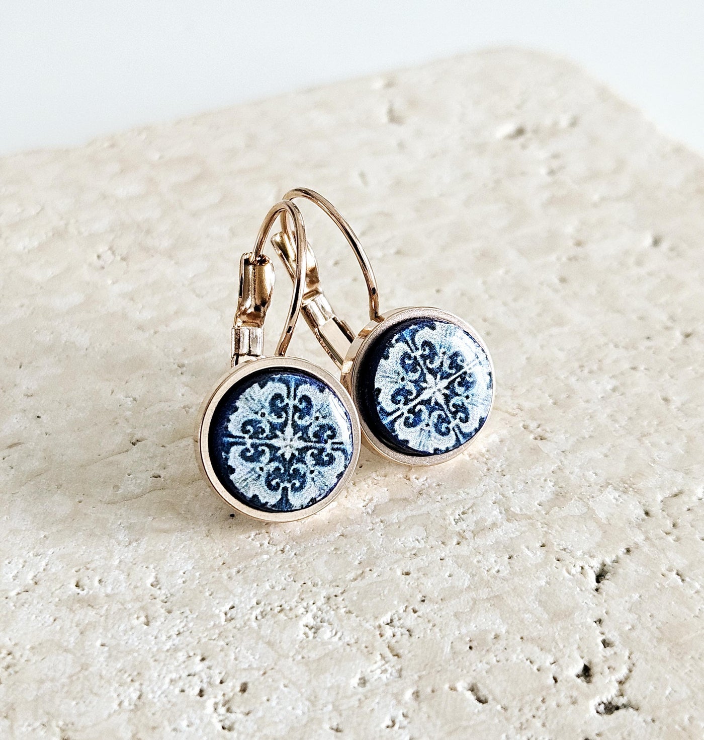 Portugal Blue Azulejo Earring ROSE GOLD STEEL Portuguese Tile Drop Earring Geometric Earring Majolica Blue Gold Tile Antique Azulejo Earring