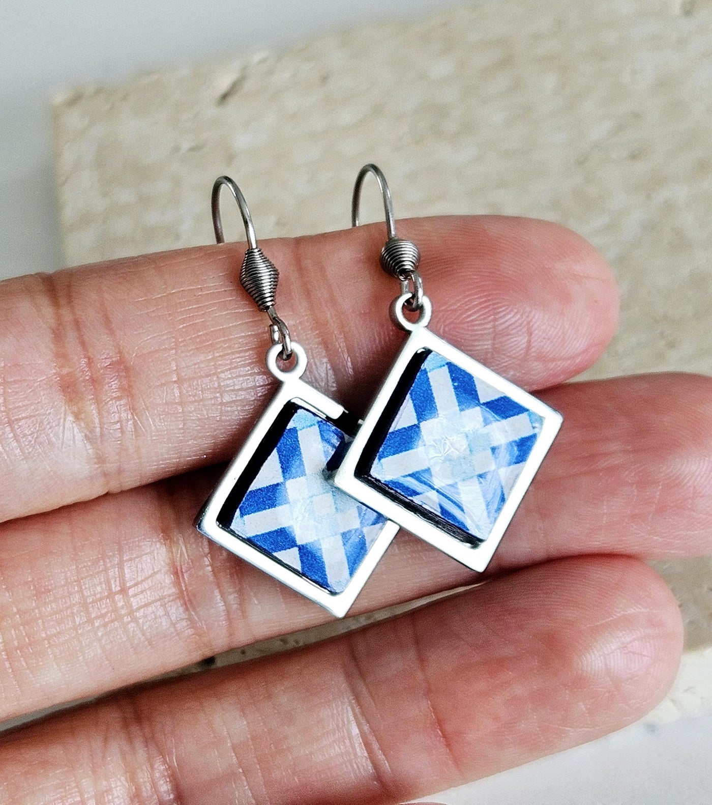 Blue Portugal Tile Earring Diamond Drop SILVER Earring Azulejo Stainless STEEL Prom Earring Portuguese Jewelry Gift Mom Wife Birthday Gift