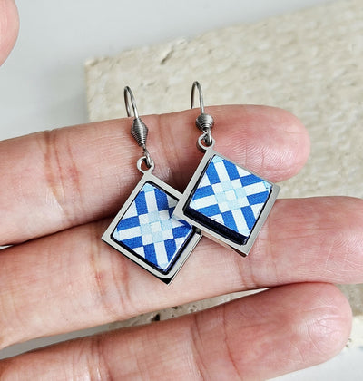 Blue Portugal Tile Earring Diamond Drop SILVER Earring Azulejo Stainless STEEL Prom Earring Portuguese Jewelry Gift Mom Wife Birthday Gift