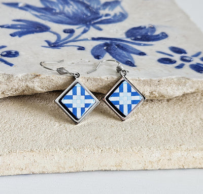 Blue Portugal Tile Earring Diamond Drop SILVER Earring Azulejo Stainless STEEL Prom Earring Portuguese Jewelry Gift Mom Wife Birthday Gift