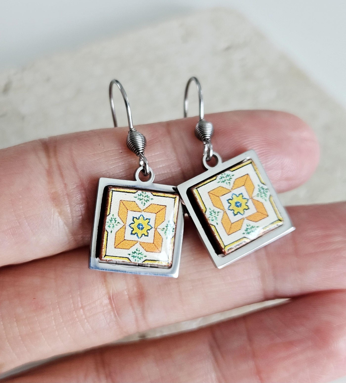 Portuguese Orange Tile Earring Lisbon Small Tile Earring Azulejo Majolica Earring Gift Blue Retro Drop Earring Travel Fall Gift Tile