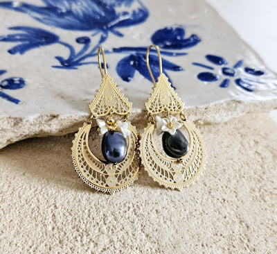 Queen Filigree Earring GOLD Steel Black PEARL Flower Dangle Thin Earring Lightweight Handmade Jewelry Mom Birthday Gift Portugal Travel Gift