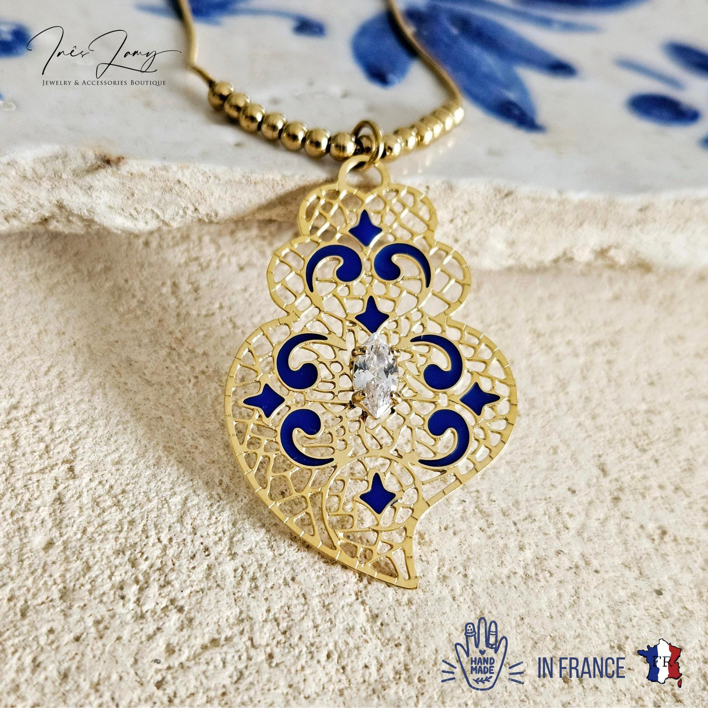 GOLD Filigree Heart Necklace Portuguese Viana Heart Azulejo Pendant Portugal Jewelry Gold Heart Pendant Blue Enamel Thin Wife Necklace Gift