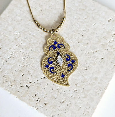 GOLD Filigree Heart Necklace Portuguese Viana Heart Azulejo Pendant Portugal Jewelry Gold Heart Pendant Blue Enamel Thin Wife Necklace Gift