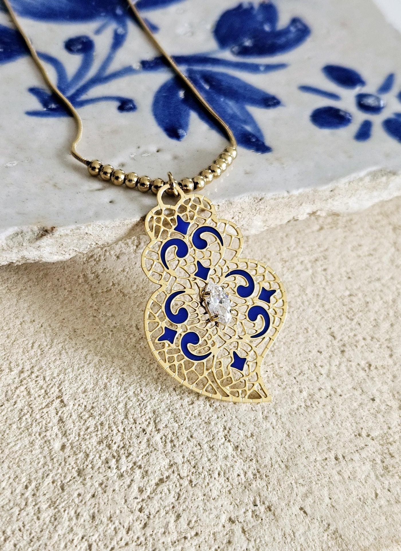 GOLD Filigree Heart Necklace Portuguese Viana Heart Azulejo Pendant Portugal Jewelry Gold Heart Pendant Blue Enamel Thin Wife Necklace Gift