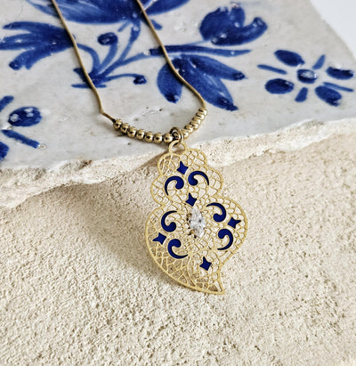 GOLD Filigree Heart Necklace Portuguese Viana Heart Azulejo Pendant Portugal Jewelry Gold Heart Pendant Blue Enamel Thin Wife Necklace Gift