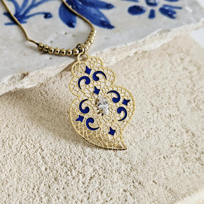 GOLD Filigree Heart Necklace Portuguese Viana Heart Azulejo Pendant Portugal Jewelry Gold Heart Pendant Blue Enamel Thin Wife Necklace Gift