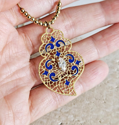 GOLD Filigree Heart Necklace Portuguese Viana Heart Azulejo Pendant Portugal Jewelry Gold Heart Pendant Blue Enamel Thin Wife Necklace Gift