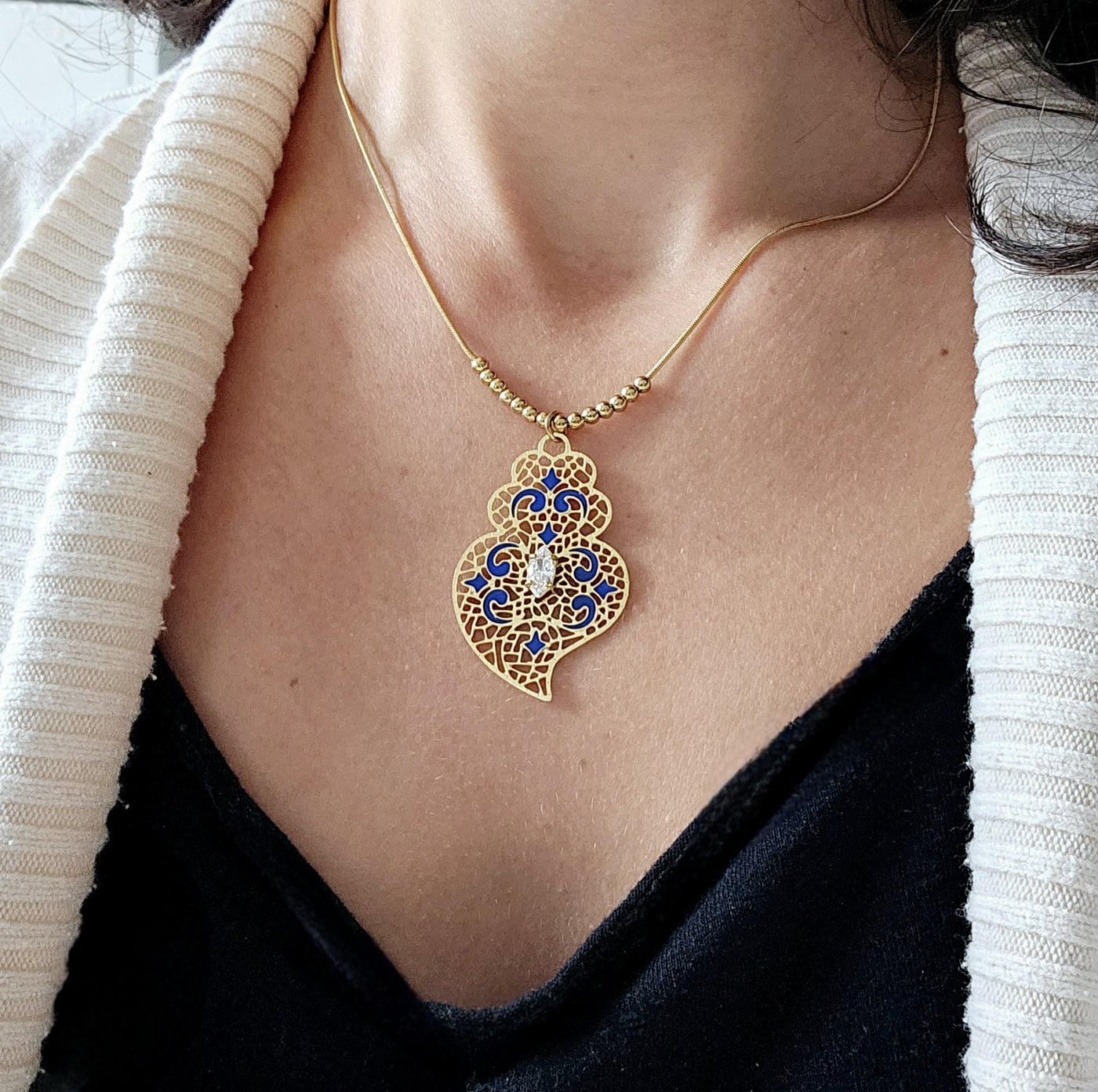 GOLD Filigree Heart Necklace Portuguese Viana Heart Azulejo Pendant Portugal Jewelry Gold Heart Pendant Blue Enamel Thin Wife Necklace Gift