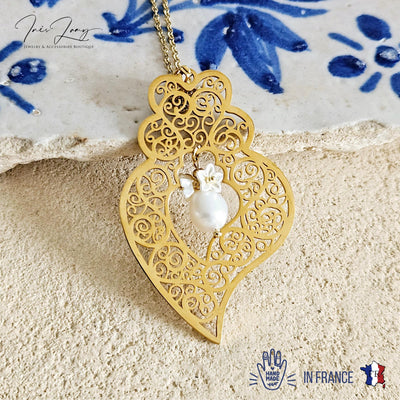 GOLD Filigree Heart Necklace Portuguese Viana Heart Pendant Portugal Jewelry Gold Heart Pendant Mother Pearl Flower Necklace Mother Gift