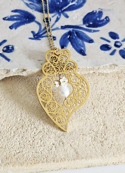 GOLD Filigree Heart Necklace Portuguese Viana Heart Pendant Portugal Jewelry Gold Heart Pendant Mother Pearl Flower Necklace Mother Gift