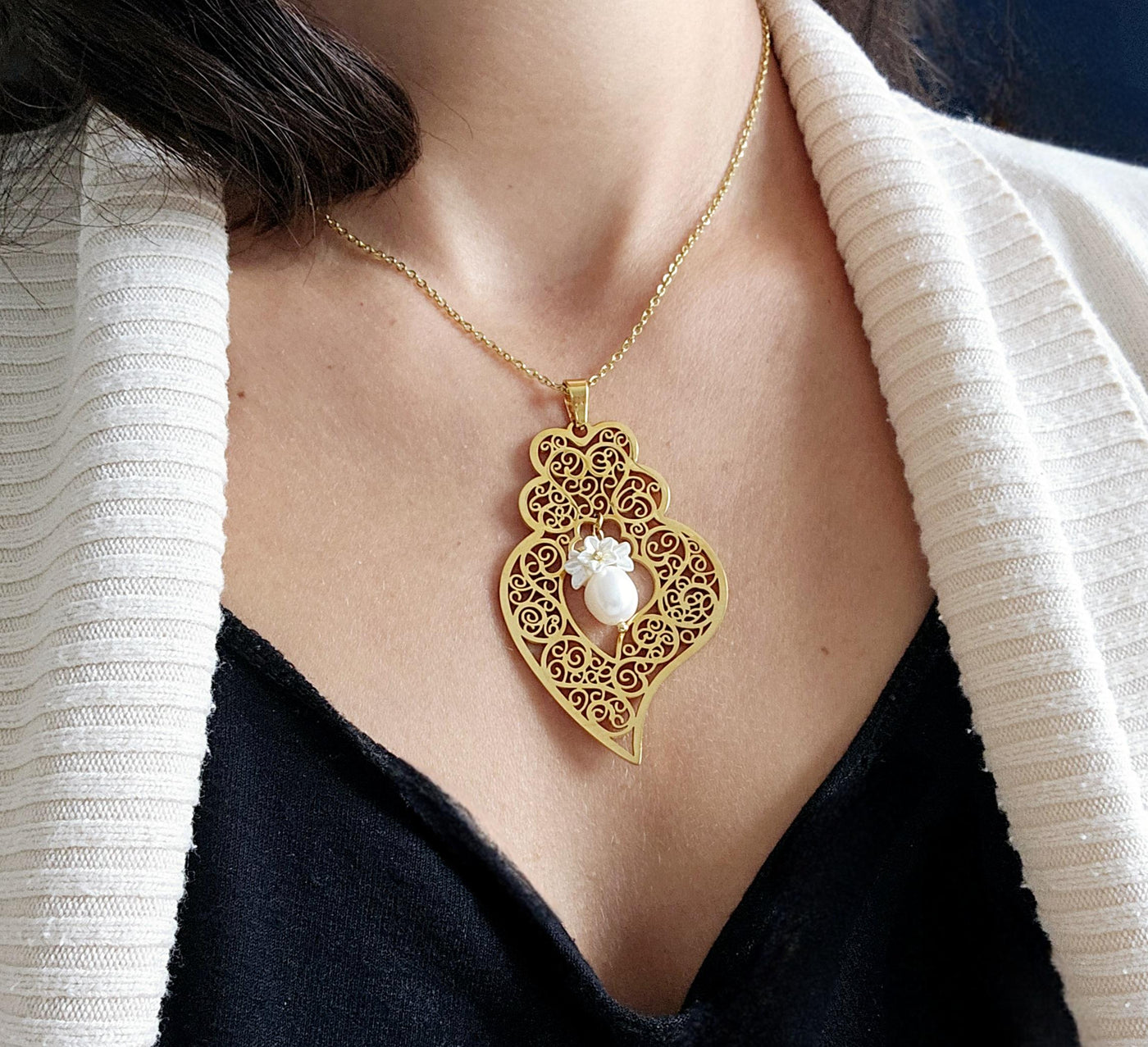 GOLD Filigree Heart Necklace Portuguese Viana Heart Pendant Portugal Jewelry Gold Heart Pendant Mother Pearl Flower Necklace Mother Gift