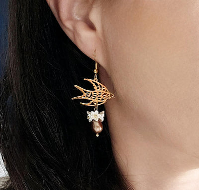 Swallow Filigree Earring GOLD Steel Brown PEARL White Flowers Dangle Thin Earring Lightweight Jewelry Mom Birthday Gift Spring Bird Earrings