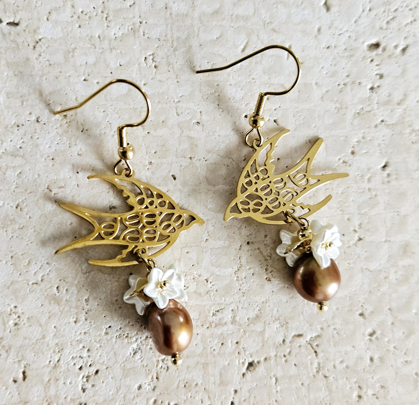 Swallow Filigree Earring GOLD Steel Brown PEARL White Flowers Dangle Thin Earring Lightweight Jewelry Mom Birthday Gift Spring Bird Earrings